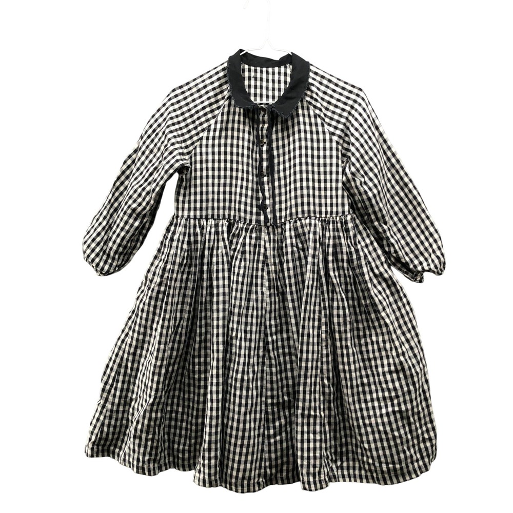 Little Creative Factory Cotton Linen Dress‎ Sz 8 Black White Gingham Long Sleeve